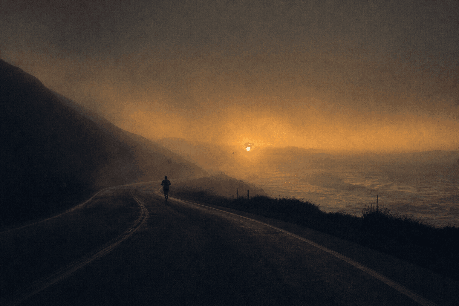 A lone runner on an empty road at dawn